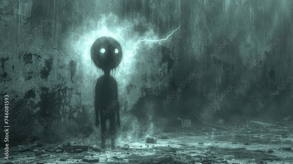 Obraz premium a black and white photo of an alien standing in front of a wall with a lightning bolt coming out of it and a person standing in the middle of the room.