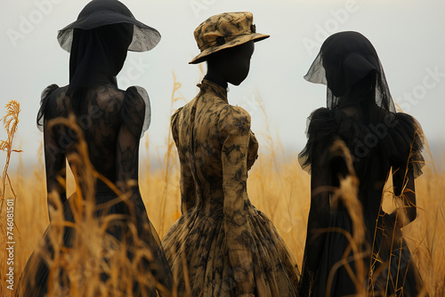 Silhouettes of three African women in a field in black vintage clothes. African women in the field. Wild West.