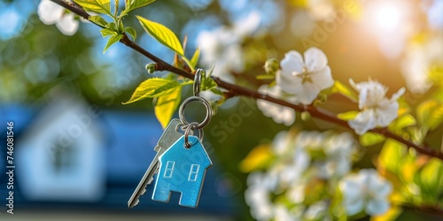 Springtime Home Ownership Concept with a House Key Hanging on a Blooming Branch, Symbolizing New Beginnings and Property Investment, Generative AI
