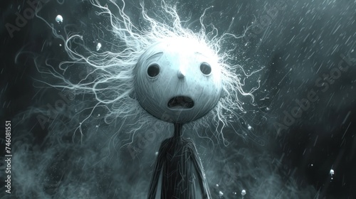  a digital painting of a strange looking creature with its hair blowing in the wind and water droplets falling from it's back, in front of a black and white background. photo