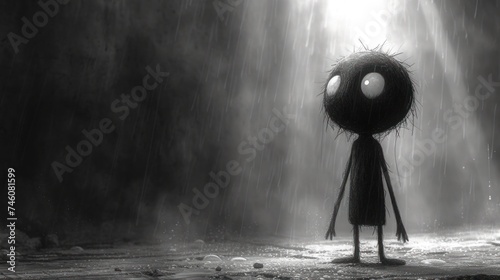  a black and white image of a person standing in the rain with an evil look on their face and eyes, with a light shining through the darkness behind them. photo