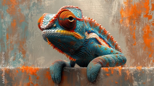  a blue and orange chamelon sitting on top of a rusted metal wall with orange paint splattered on it's sides and a gray background. photo
