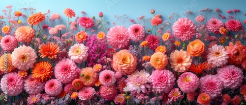  a field of pink and orange flowers with a blue sky in the backgrounnd of the picture is a field of pink and orange flowers with a blue sky in the background.