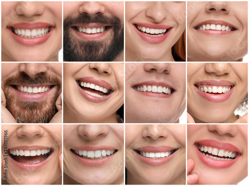 People showing white teeth  closeup. Collage of photos