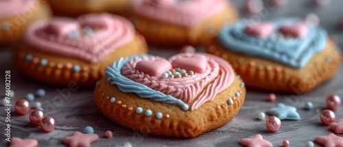  a close up of some cookies with icing in the shape of a heart and a heart - shaped cookie on top of some other cookies with sprinkles. © Wall