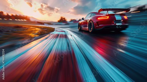 High-speed motion blur of a racing car on track at sunset.
