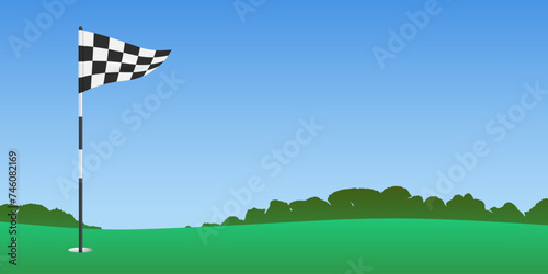A triangle checkered golf flag waving on a flagpole, on a lush green course against a blue sky and trees background, vector illustration.