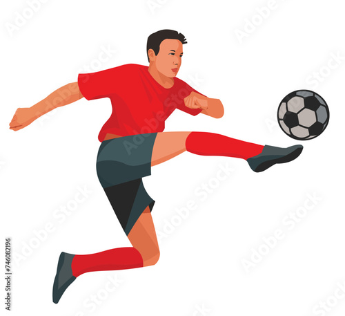 Isolated Japanese boy figure of a junior football player in red uniform jumping over the field hitting the ball