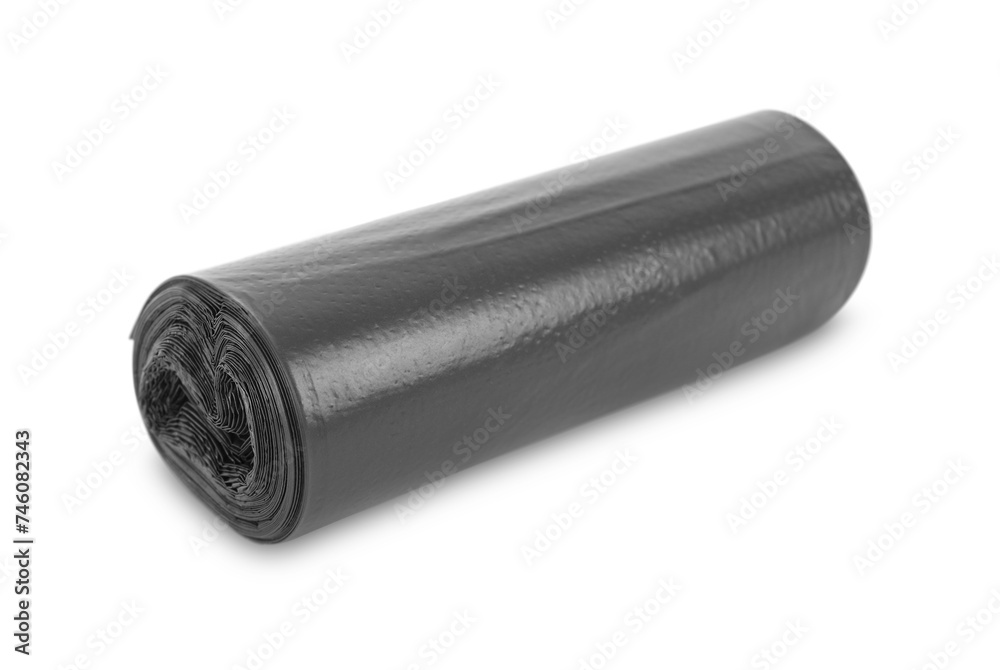 Roll of black garbage bags isolated on white