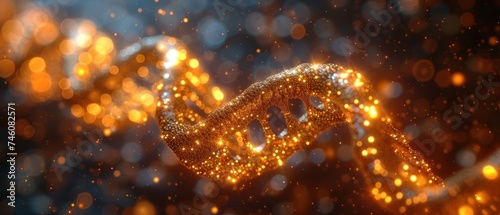  a close up of a gold colored object with blurry lights in the background and a blurry image of a double - strand of gold colored objects in the foreground.