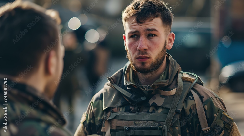 Serious young soldier in military gear having a conversation outdoors. urban background. reflective mood. stock photography for realistic scenes. AI