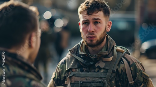 Serious young soldier in military gear having a conversation outdoors. urban background. reflective mood. stock photography for realistic scenes. AI photo