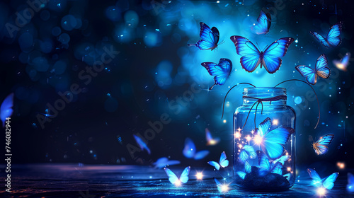 Butterflies, representing dreams and desires, flutter out of the jar, illuminating the night sky