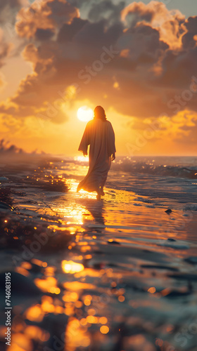 Jesus walking in beach morning sun rise 