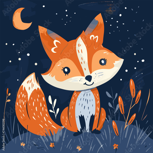 Cute children's illustration of a happy fox sitting at night in flowers, for print, children's books and merchandise, cards.