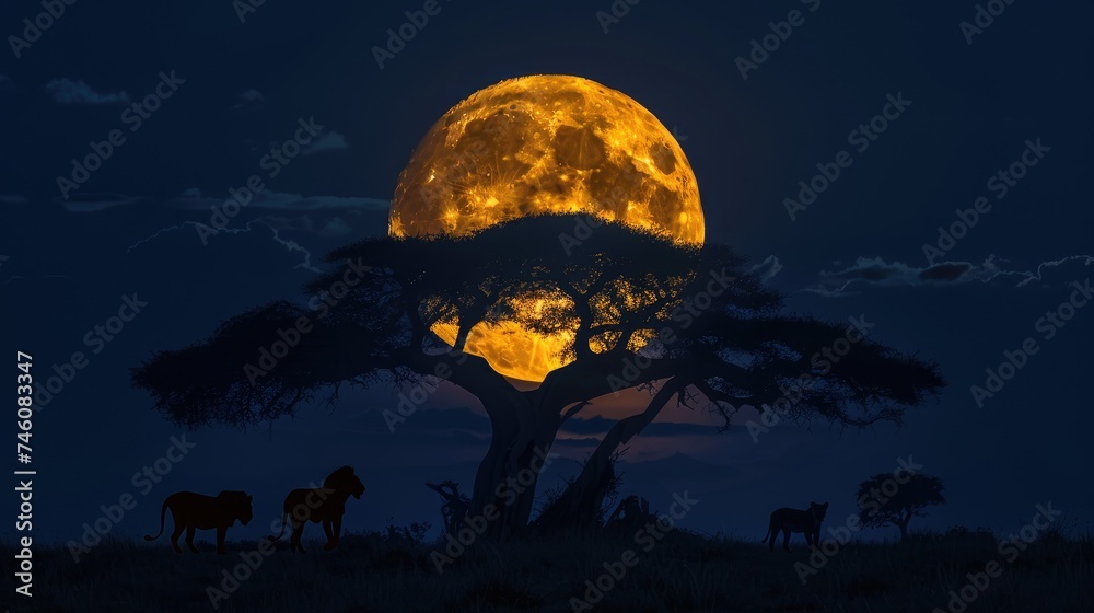 night photo , silhouettes of lions and african tree on the background of the huge moon