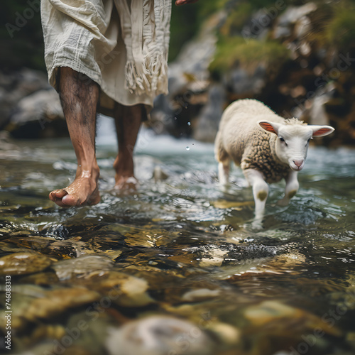 Jesus walking barefoot in a river with a white lamb walking beside him © xavmir2020