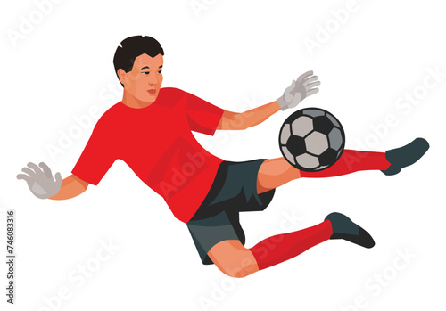 Isolated boy figure of a Vietnamese school football goalkeeper jumping to catch the ball