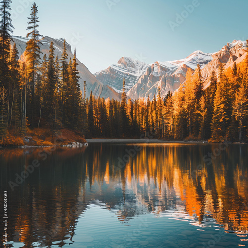Autumnal Serenity: Tranquil Lake and Mountain Landscape During Indian Summer photo