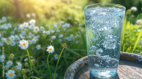 a glass of water sitting on top of a wooden barrel next to a field of daisies and daisies. photo