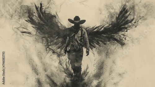 Mystical silhouette of a cowboy with ethereal smoky wings, symbolic image of freedom and wild nature