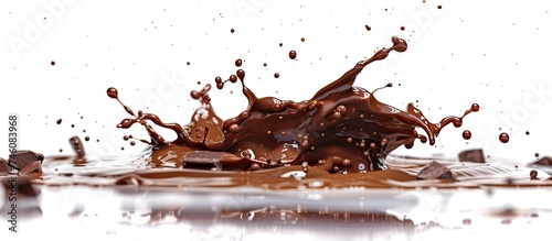 A splash of delicious chocolate is captured in water, creating an enticing visual display of indulgence. The rich brown hues mix with the clear water to form an irresistible image.