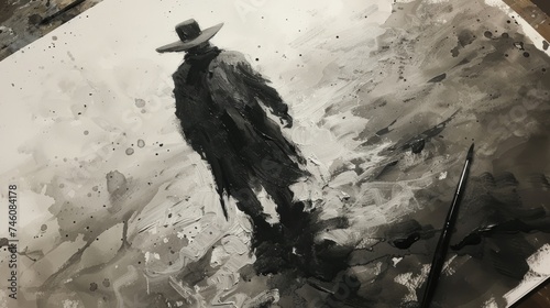 Silhouette of a mysterious figure wearing a hat, a monochrome piece that conveys the essence of mystery and intrigue, painted with expressive brush strokes