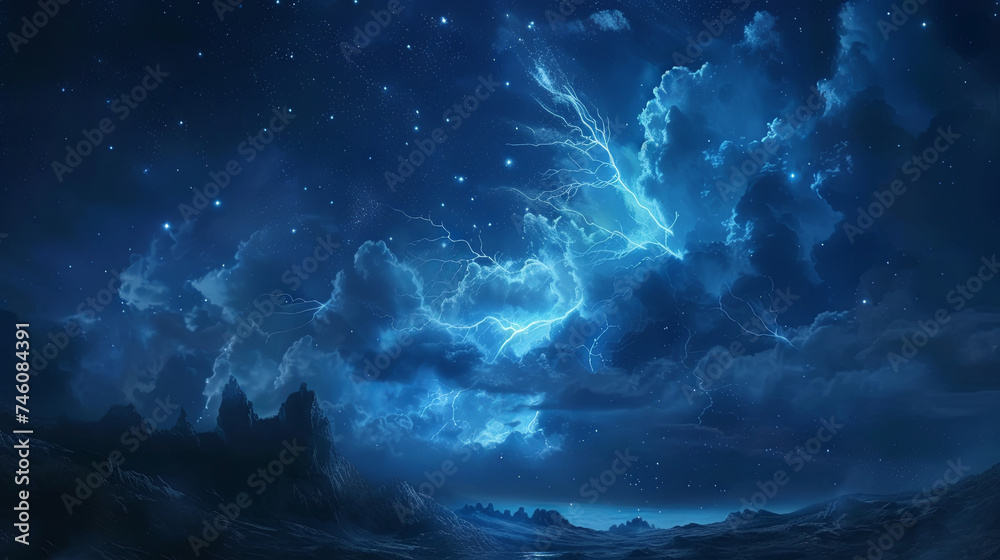 Lightning strikes the blue night sky
