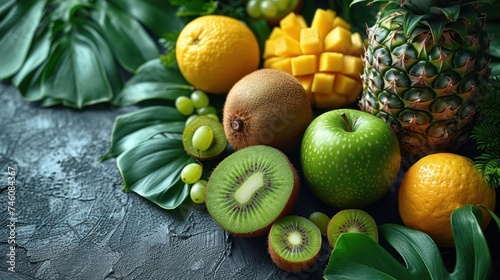  a bunch of fruit sitting on top of a table next to pineapples, oranges, kiwis, bananas, and a pineapple on top of leaves. © Wall
