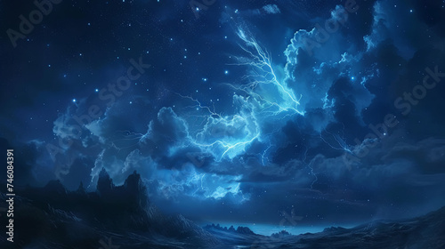 Lightning strikes the blue night sky