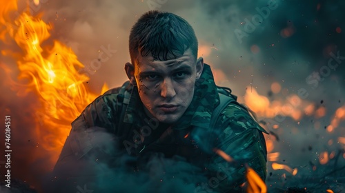 Intense man in battlefield scenery with dramatic fire background. action-packed scene, vibrant colors, storytelling concept. AI
