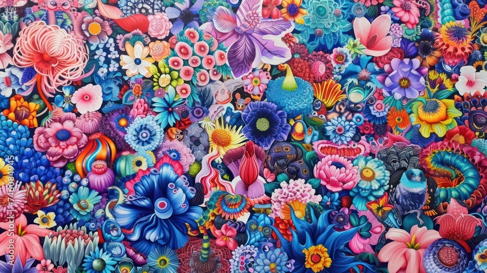 a painting of a bunch of flowers on the side of a building with a lot of flowers on the side of the building.