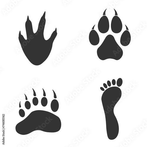 Human  and mammals - footprints silhouettes set isolated on white background, such as idea of logo in gray. Stock vector. EPS10.