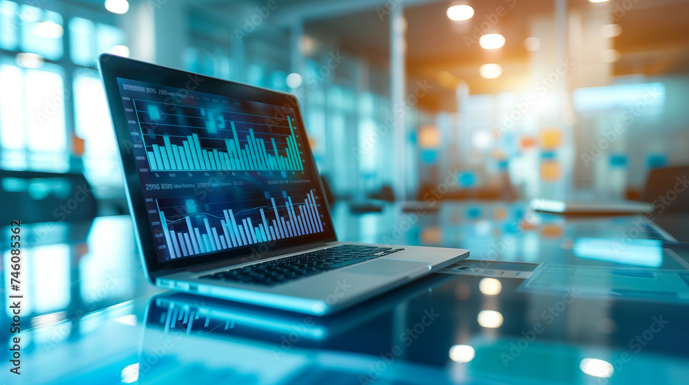 Modern Business Analytics: Laptop Displaying Graphs and Data on Office Desk with Corporate Ambience Modern Business Analytics: Laptop Displaying Graphs and Data on Office Desk with Corporate Ambience