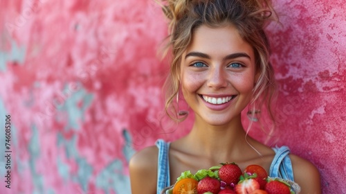  a beautiful young woman holding a bowl of fruit in front of a pink and blue wall with a pink wall behind her and a pink wall in the background behind her.