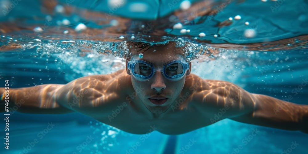 Close up of man swims with glasses in the pool.