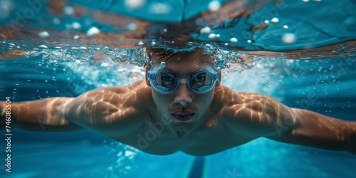 Close up of man swims with glasses in the pool.