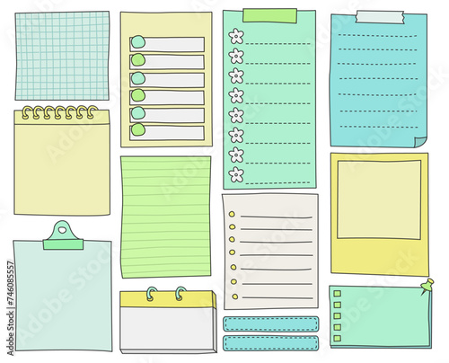 Hand drawn sticky notes to-do list Bullet journal doodle green blue outline