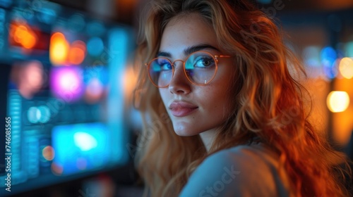  a close up of a person wearing glasses in front of a computer screen with a lot of lights on the side of the screen and a woman with red hair and blue eyes.