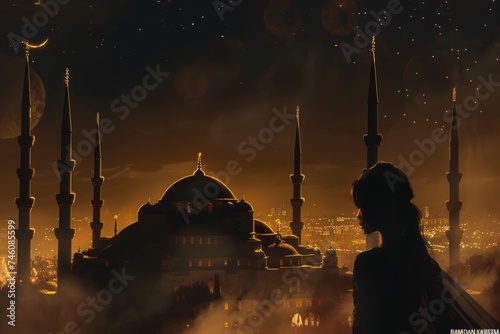 Illustration forr Eid Mubarak, Ramadan Kareem, greeting card with Hagia Sophia mosque at night with a woman praying photo
