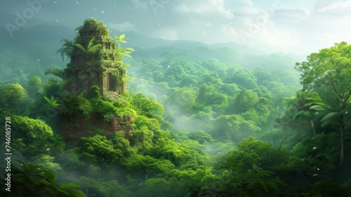 a digital painting of a forest with a tower in the middle of the forest, surrounded by lush green trees.