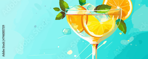 Colorful flat style cocktail in a glass decorated with lemon