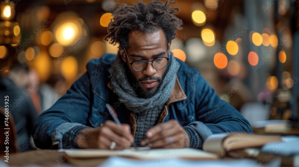 a man sitting at a table with a book and pen in his hand and writing on a piece of paper with a book in front of him and blurry lights in the background. a man sitting at a table with a book and pen in his hand and writing on a piece of paper with a book in front of him and blurry lights in the background.