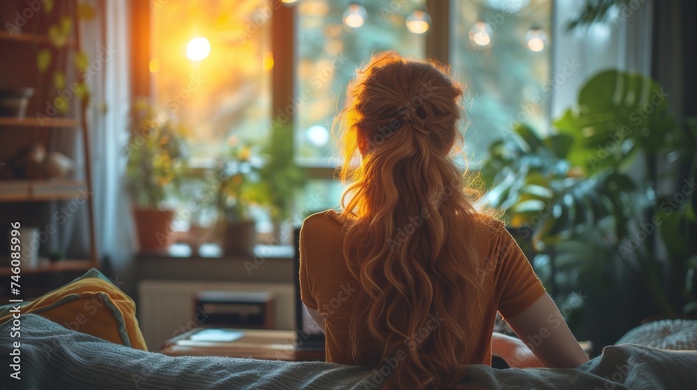 the back of a woman's head as she sits on a bed in front of a window with a potted plant in the foreground and a potted plant in the background. the back of a woman's head as she sits on a bed in front of a window with a potted plant in the foreground and a potted plant in the background.