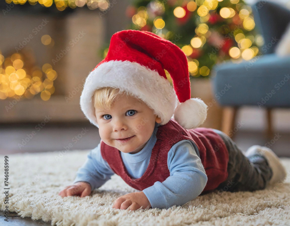 Infant in Santa in a hat with Christmas cheer.