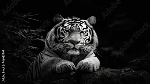 a black and white photo of a tiger sitting on a rock in front of a bush with leaves on it. © Anna