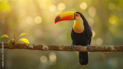 a toucan sitting on a branch with a plant in the foreground and sunlight shining through the trees in the background. photo