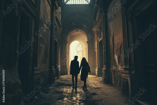 Couple Walking in a Historical Corridor