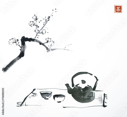 Ink wash painting with a blossoming sakura branch over a teapot and cups. Traditional tea ceremony scene. Oriental ink painting sumi-e, u-sin, go-hua. Translation of hieroglyph - tea