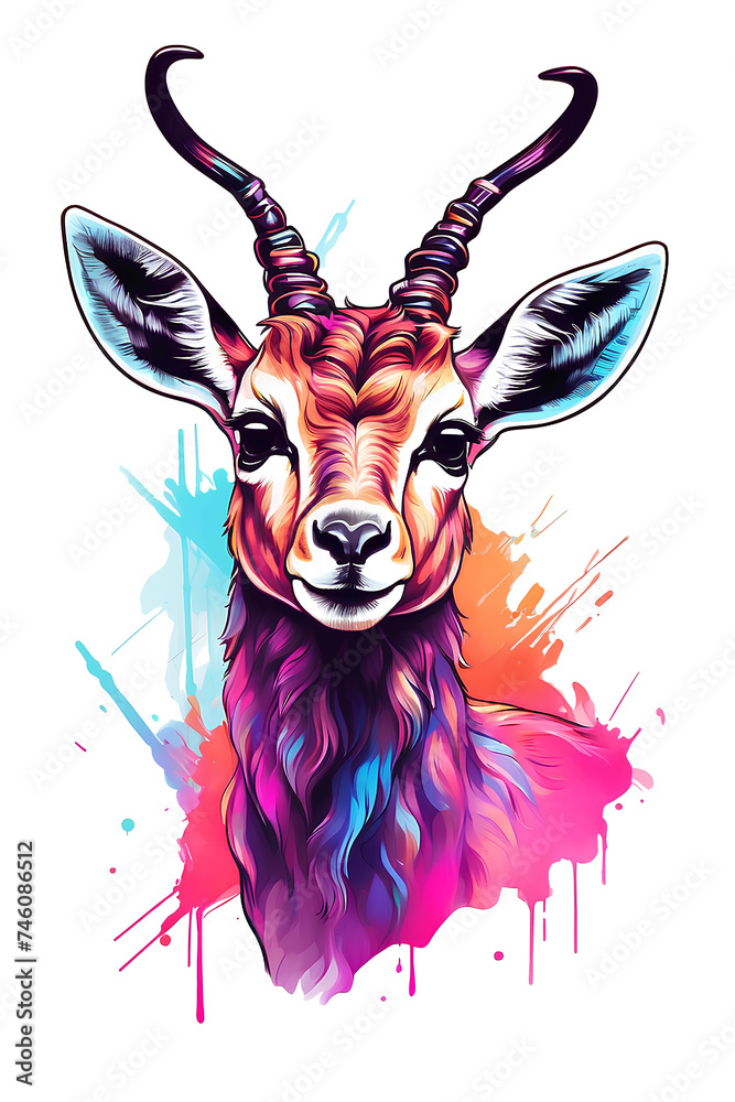 Gazelle or antelope with colorful paint splashes. Neon painted illustration